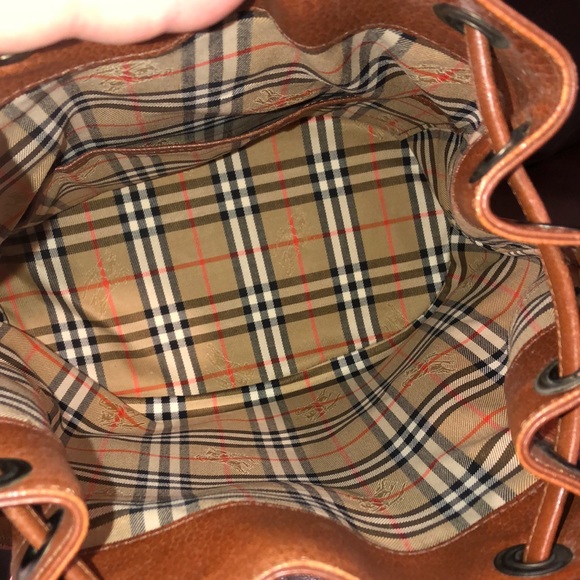 BURBERRYS Leather Bucket Drawstring Bag Nova Check Lining Authentic VTG - Picture 4 of 13